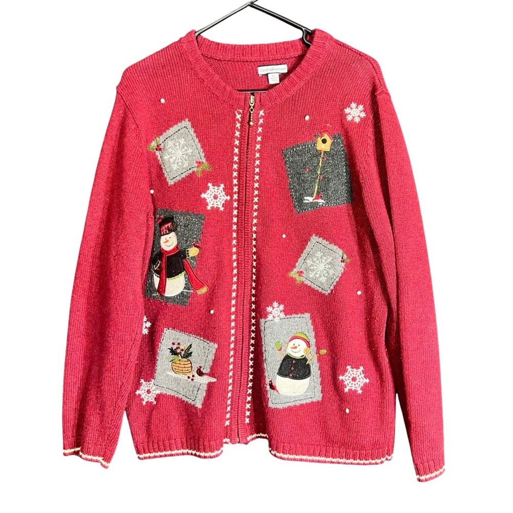 Croft & Barrow Womens Size XL Vintage Style Snowman Zip Cardigan Sweater Red - Picture 2 of 11